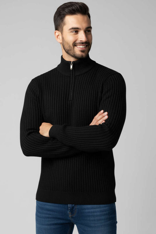 Herren-Strickpullover mit halbem Reißverschluss, Schwarz