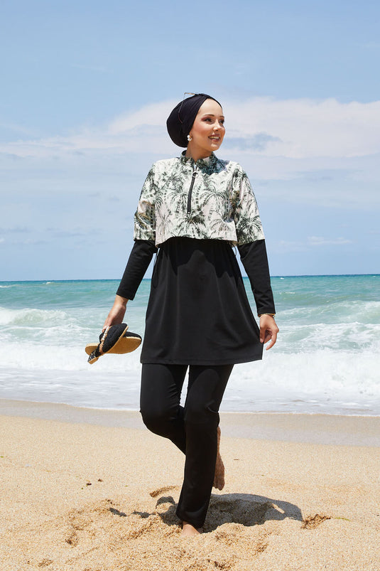 Maillot de bain modeste à demi-fermeture éclair et motif palmiers kaki