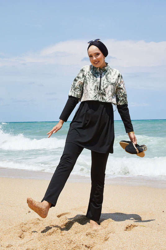 Half Zippered Palm Tree Patterned Modest Swimsuit Khaki