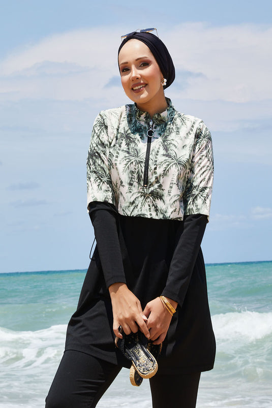 Half Zippered Palm Tree Patterned Modest Swimsuit Khaki