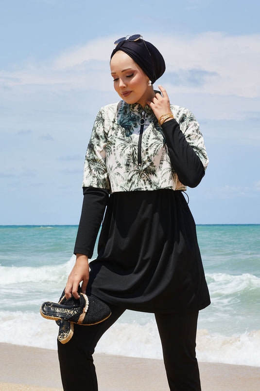 Maillot de bain modeste à demi-fermeture éclair et motif palmiers kaki