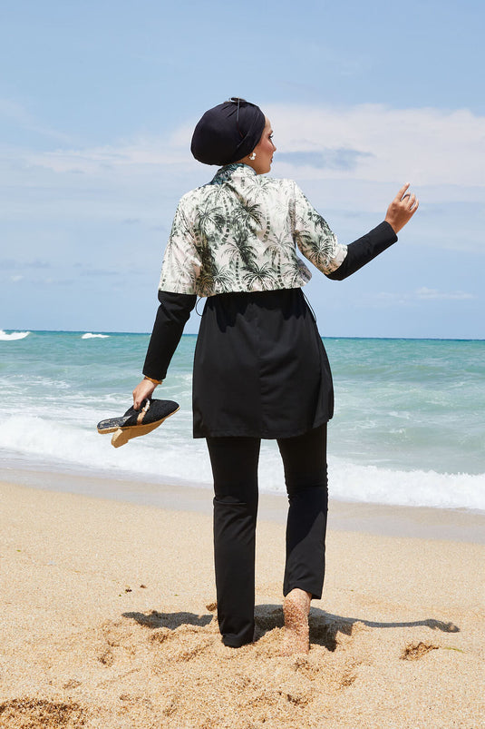 Half Zippered Palm Tree Patterned Modest Swimsuit Khaki