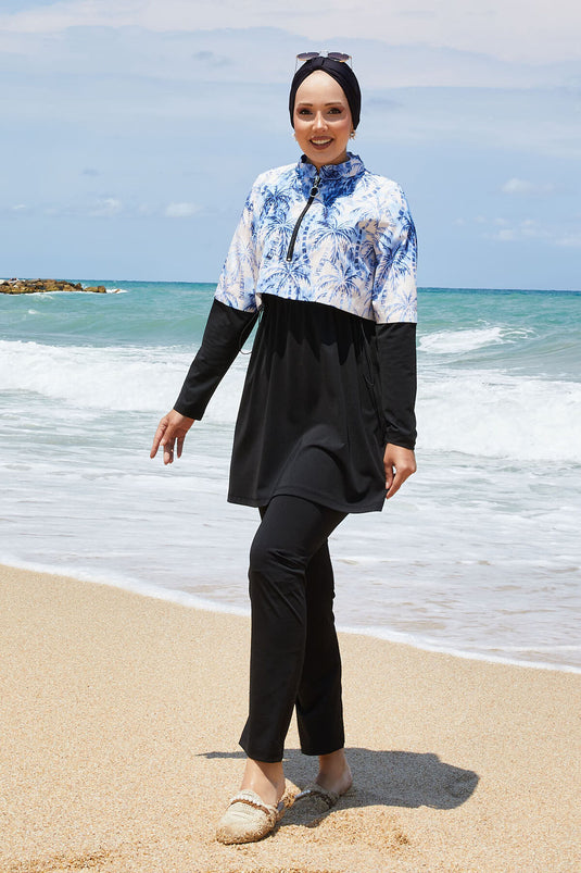 Maillot de bain modeste à demi-fermeture éclair et motif palmier indigo