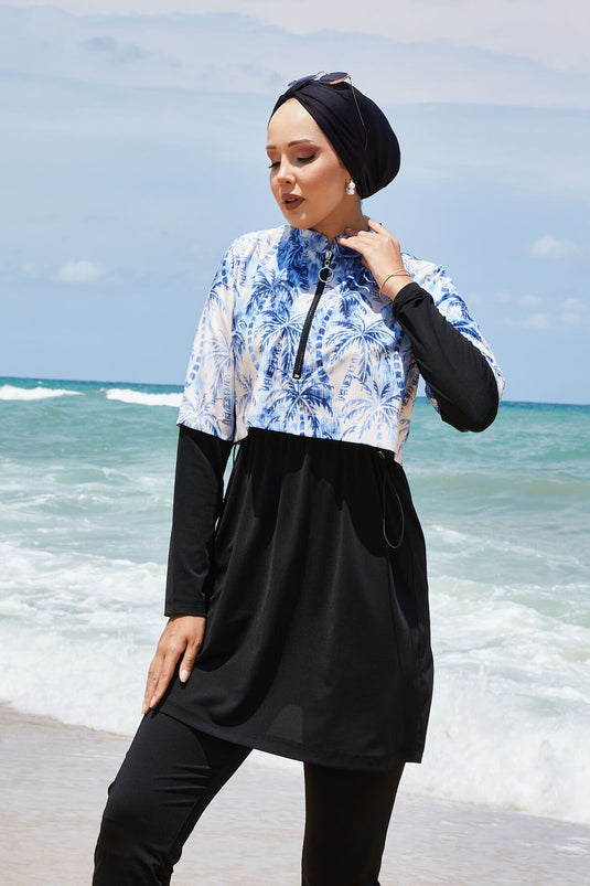 Maillot de bain modeste à demi-fermeture éclair et motif palmier indigo