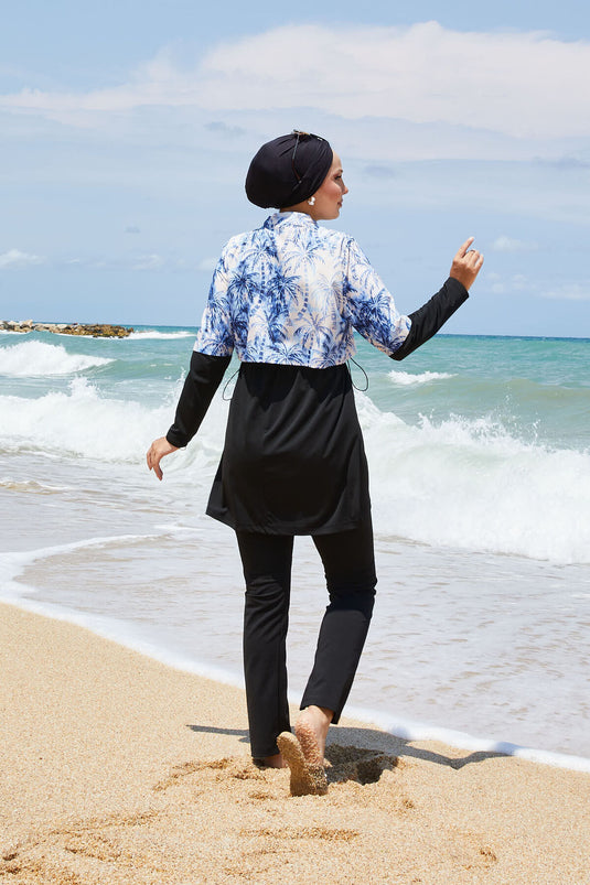 Maillot de bain modeste à demi-fermeture éclair et motif palmier indigo