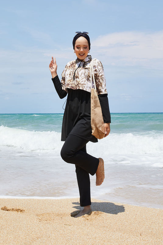 Maillot de bain modeste à demi-fermeture éclair et motif palmiers, marron