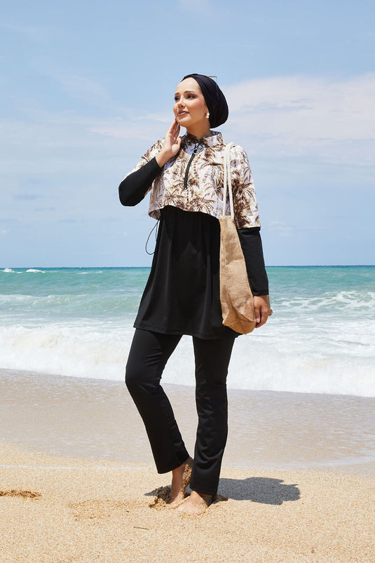 Maillot de bain modeste à demi-fermeture éclair et motif palmiers, marron