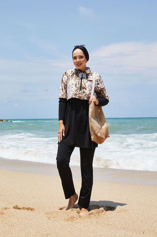 Maillot de bain modeste à demi-fermeture éclair et motif palmiers, marron