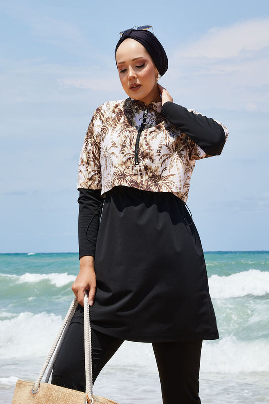 Maillot de bain modeste à demi-fermeture éclair et motif palmiers, marron