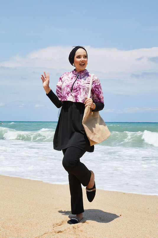 Maillot de bain modeste à demi-fermeture éclair et motif palmier violet