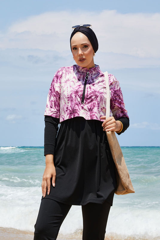 Maillot de bain modeste à demi-fermeture éclair et motif palmier violet