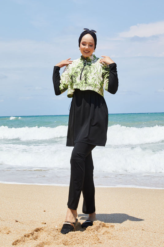 Maillot de bain modeste à demi-fermeture éclair et motif palmiers, vert