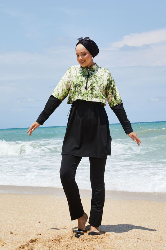 Maillot de bain modeste à demi-fermeture éclair et motif palmiers, vert