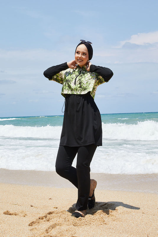 Maillot de bain modeste à demi-fermeture éclair et motif palmiers, vert