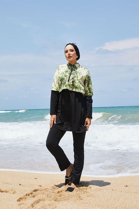 Maillot de bain modeste à demi-fermeture éclair et motif palmiers, vert