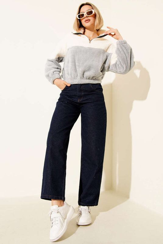 Yarım Fermuarlı Polar Sweatshirt Gri