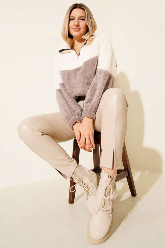 سترة صوفية بنصف سحاب، لون المنك