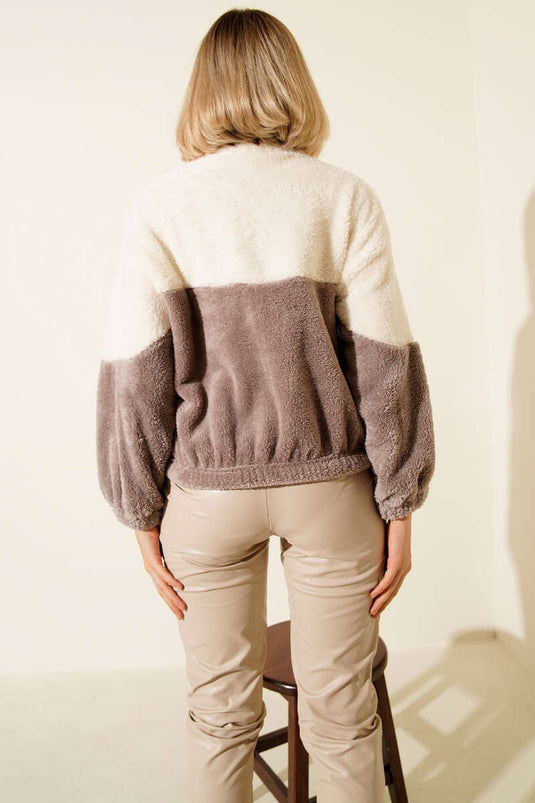 سترة صوفية بنصف سحاب، لون المنك