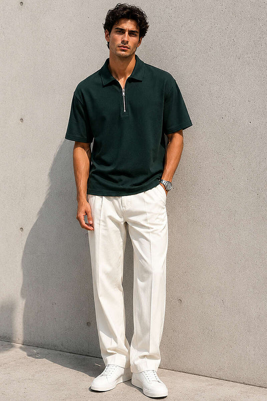 T-shirt homme col polo à demi-fermeture éclair vert olive
