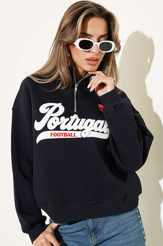 Yarım Fermuarlı Portugal Baskılı Sweatshirt Lacivert