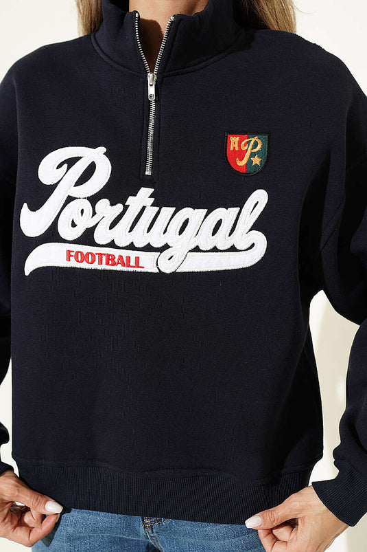 Yarım Fermuarlı Portugal Baskılı Sweatshirt Lacivert