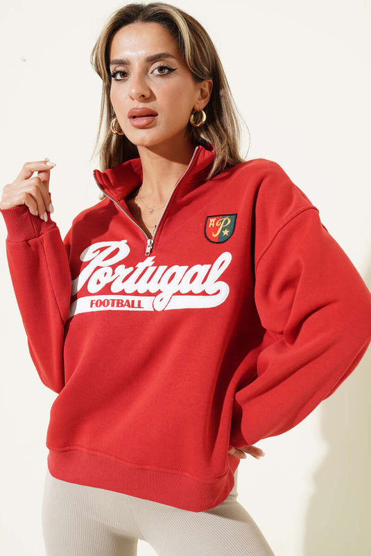 Yarım Fermuarlı Portugal Baskılı Sweatshirt Lacivert