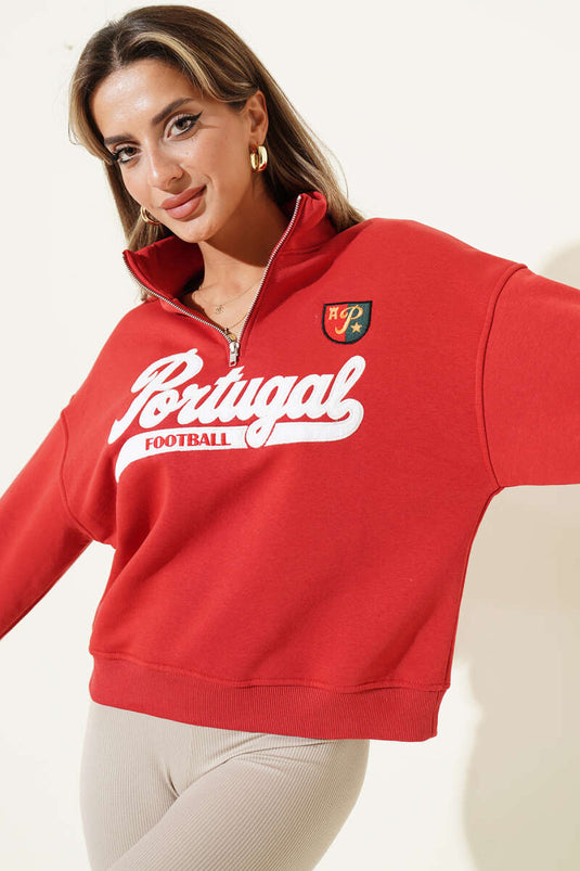 Yarım Fermuarlı Portugal Baskılı Sweatshirt Lacivert