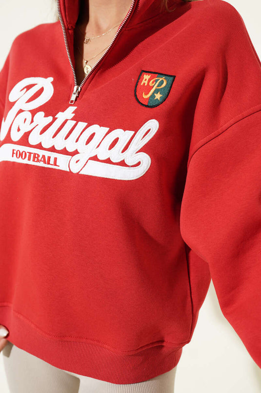 Yarım Fermuarlı Portugal Baskılı Sweatshirt Lacivert