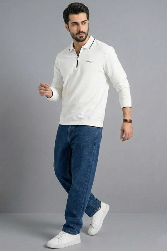 Sweat-shirt pour homme à demi-fermeture éclair et bord-côte écru