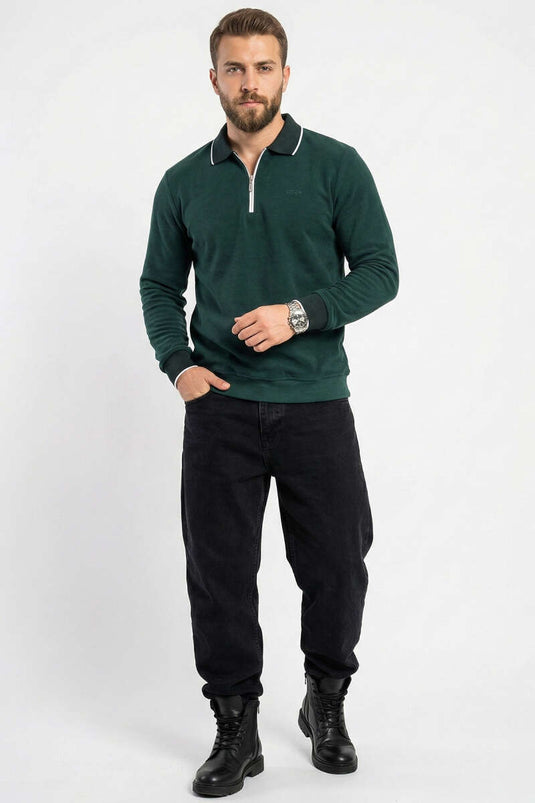 Sweat-shirt pour homme à demi-fermeture éclair et bord-côte vert olive