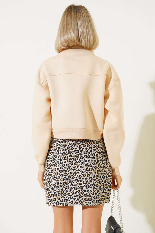 Sweat-shirt court beige à demi-zip