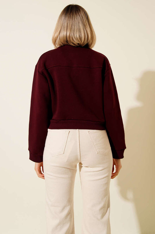 سويت شيرت قصير بنصف سحاب، لون عنابي