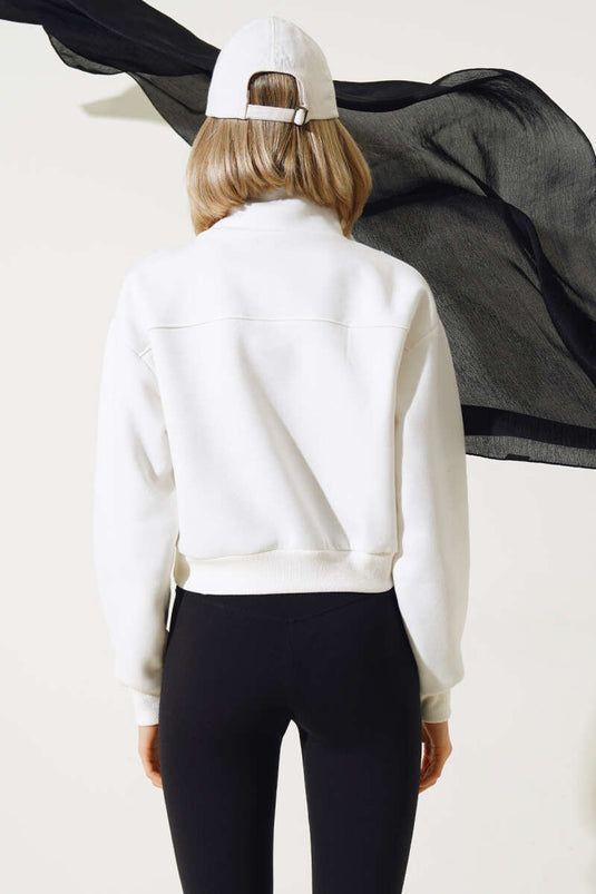 Sweat-shirt court écru à demi-zip