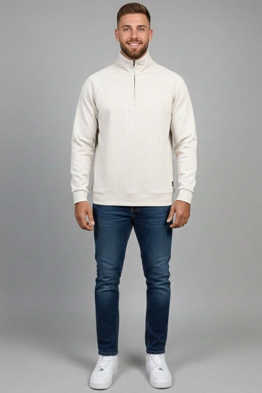 سويت شيرت رجالي بسحاب نصف طويل من قماش الغوص بلون بيج