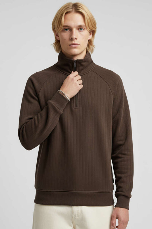 سويت شيرت رجالي بنصف سحاب، بني اللون، بنمط غوص