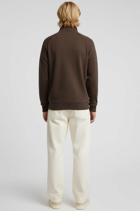 سويت شيرت رجالي بنصف سحاب، بني اللون، بنمط غوص