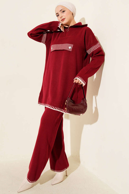 Half Zippered Stripe Detailed Knitwear Two Piece Suit Burgundy