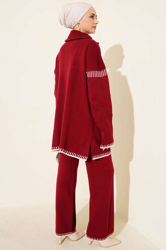 Half Zippered Stripe Detailed Knitwear Two Piece Suit Burgundy