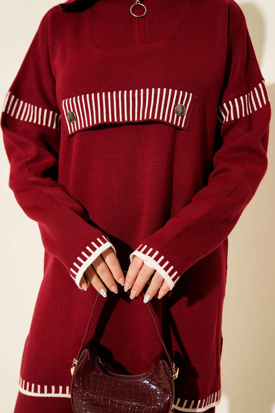 Half Zippered Stripe Detailed Knitwear Two Piece Suit Burgundy