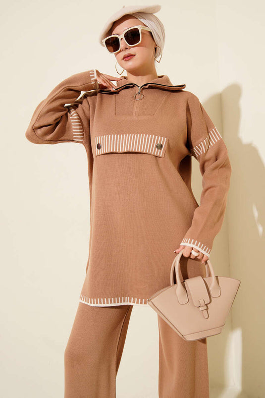 Half Zippered Stripe Detailed Knitwear Two Piece Set Latte
