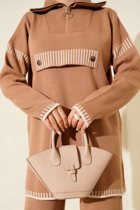 Half Zippered Stripe Detailed Knitwear Two Piece Set Latte