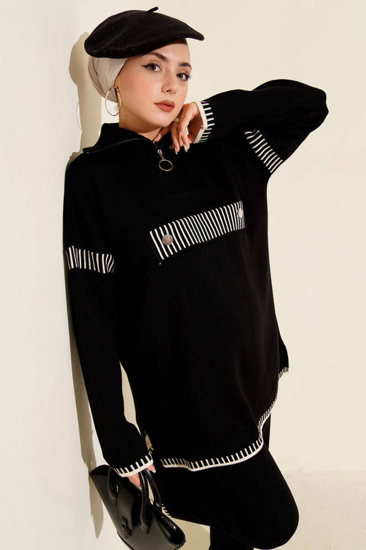 Half Zippered Stripe Detailed Knitwear Two Piece Set Black