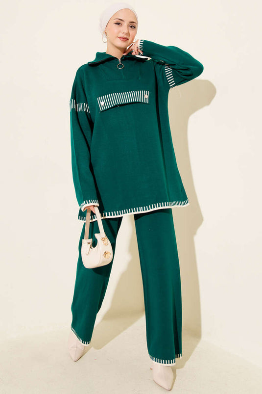 Half Zippered Stripe Detailed Knitwear Two Piece Suit Emerald
