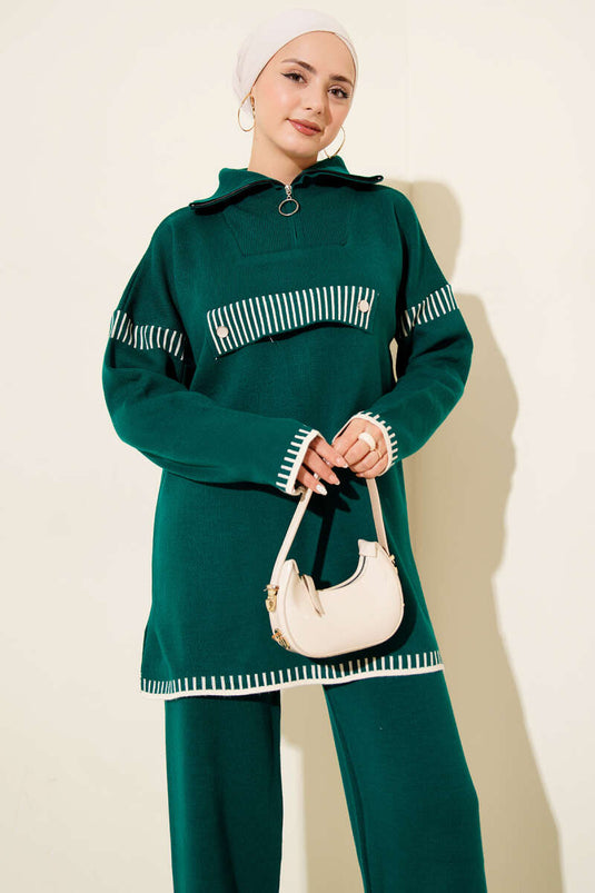 Half Zippered Stripe Detailed Knitwear Two Piece Suit Emerald