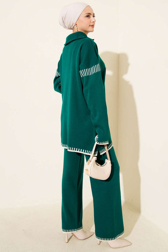 Half Zippered Stripe Detailed Knitwear Two Piece Suit Emerald