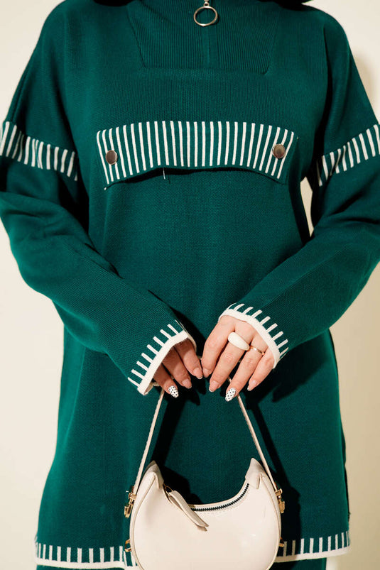 Half Zippered Stripe Detailed Knitwear Two Piece Suit Emerald