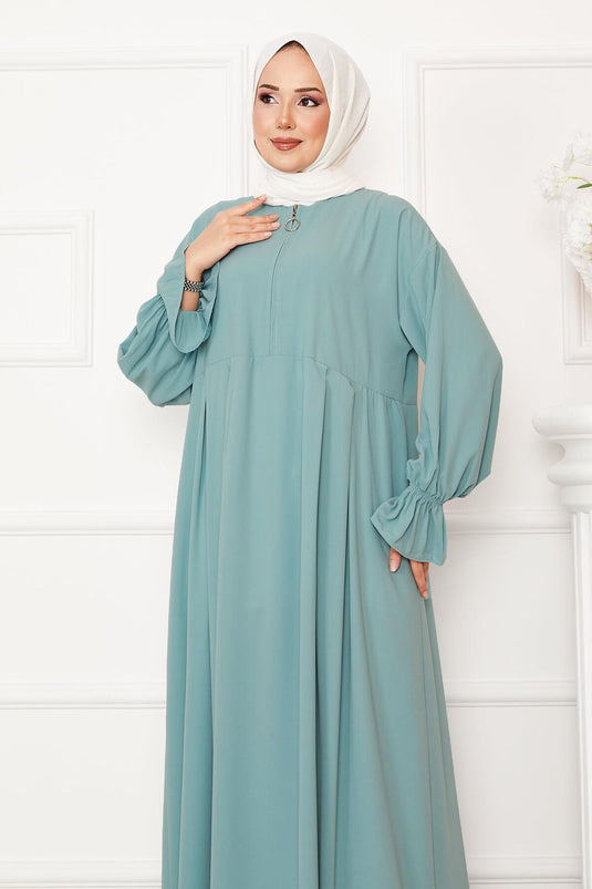 Yarım Fermuarlı Tesettür Elbise Mint