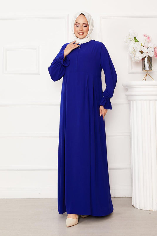 Yarım Fermuarlı Tesettür Elbise Saks
