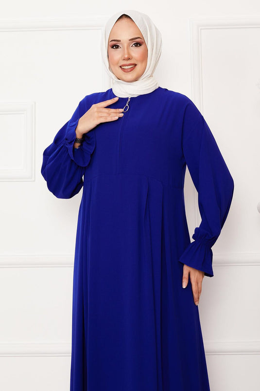 Yarım Fermuarlı Tesettür Elbise Saks