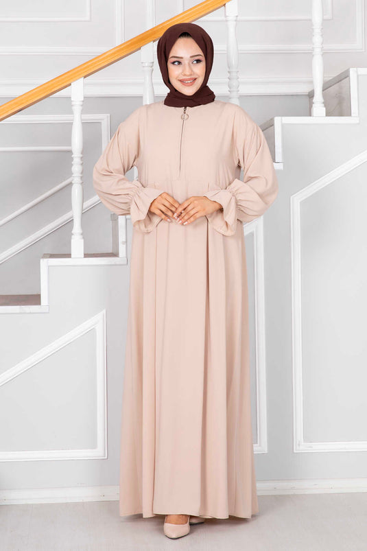 Yarım Fermuarlı Tesettür Elbise Taş